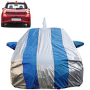 Autofact Grand I10 Nios Car Cover - FlexGuard - Waterproof Car Body Cover for Hyundai Grand I10 Nios - With Mirror & Antenna Pockets, Triple Stitched, Bottom Fully Elastic, Adjustable Belt and Buckle (Silver / Blue Stripes)