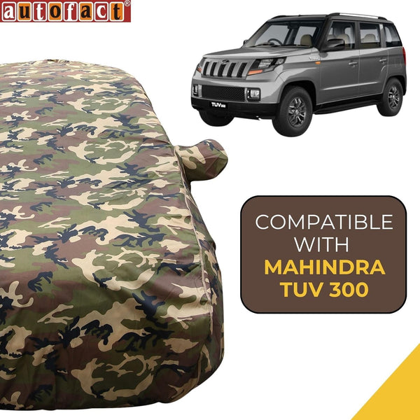 Autofact TUV 300 Car Cover - TearTough - Dog Proof / Waterproof Car Body Cover for Mahindra TUV 300 - With Mirror Pockets, Triple Stitched, Bottom Fully Elastic, Adjustable Belt and Buckle (Jungle Print 4x4)