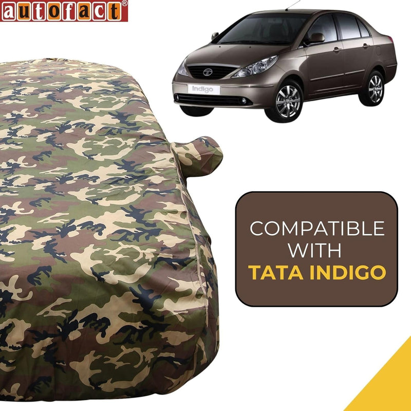 Autofact Indigo Car Cover - TearTough - Dog Proof / Waterproof Car Body Cover for Tata Indigo - With Mirror Pockets, Triple Stitched, Bottom Fully Elastic, Adjustable Belt and Buckle (Jungle Print 4x4)