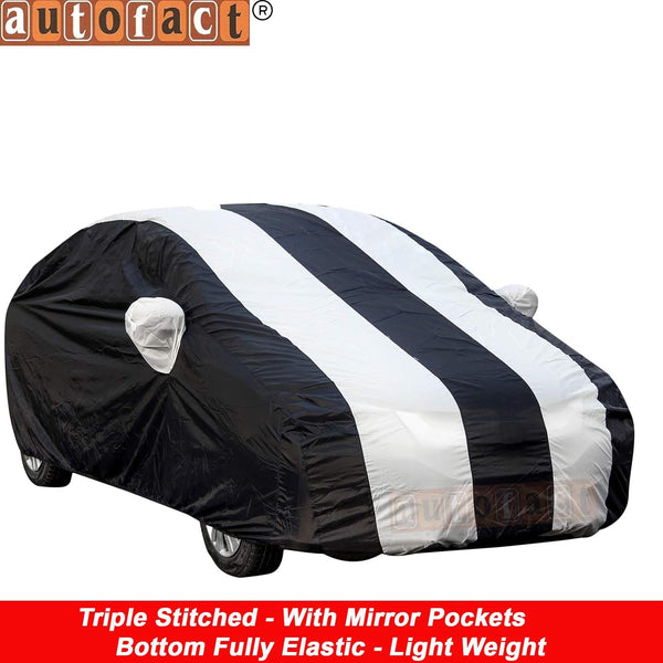 Autofact Sail UVA Car Cover - EasyShield - Car Body Cover for Chevrolet Sail UVA - With Mirror Pockets, Triple Stitched, Bottom Fully Elastic, Adjustable Belt and Buckle (White Blue Stripes)
