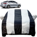 Autofact NexGen Verna Car Cover - EasyShield - Car Body Cover for Hyundai NexGen Verna - With Mirror Pockets, Triple Stitched, Bottom Fully Elastic, Adjustable Belt and Buckle (White Blue Stripes)
