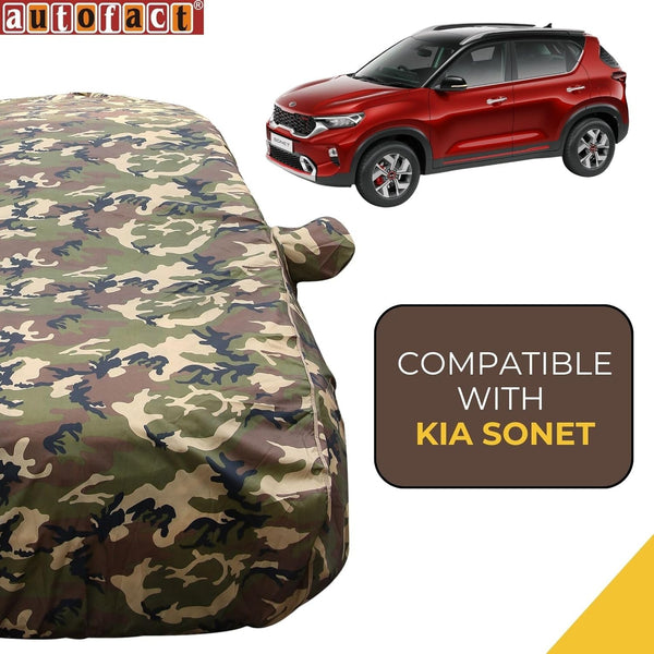 Autofact Sonet Car Cover - TearTough - Dog Proof / Waterproof Car Body Cover for Kia Sonet - With Mirror Pockets, Triple Stitched, Bottom Fully Elastic, Adjustable Belt and Buckle (Jungle Print 4x4)