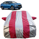 Autofact Slavia Car Cover - FlexGuard - Waterproof Car Body Cover for Skoda Slavia - With Mirror Pockets, Triple Stitched, Bottom Fully Elastic, Adjustable Belt and Buckle (Silver / Pink Stripes)