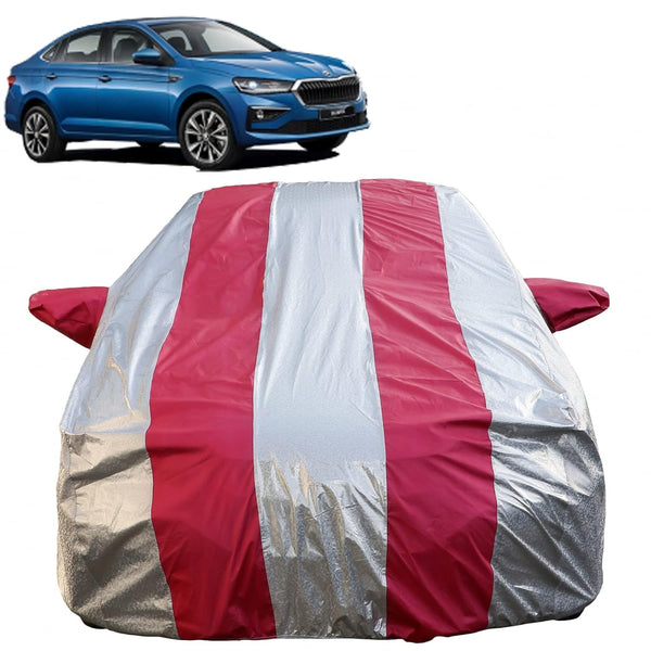 Autofact Slavia Car Cover - FlexGuard - Waterproof Car Body Cover for Skoda Slavia - With Mirror Pockets, Triple Stitched, Bottom Fully Elastic, Adjustable Belt and Buckle (Silver / Pink Stripes)