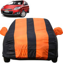Autofact Spark Car Cover - EasyShield - Car Body Cover for Chevrolet Spark - With Mirror Pockets, Triple Stitched, Bottom Fully Elastic, Adjustable Belt and Buckle (Orange Blue Stripes)