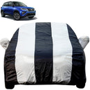 Autofact Urban Cruiser Car Cover - EasyShield - Car Body Cover for Toyota Urban Cruiser - With Mirror Pockets, Triple Stitched, Bottom Fully Elastic, Adjustable Belt and Buckle (White Blue Stripes)
