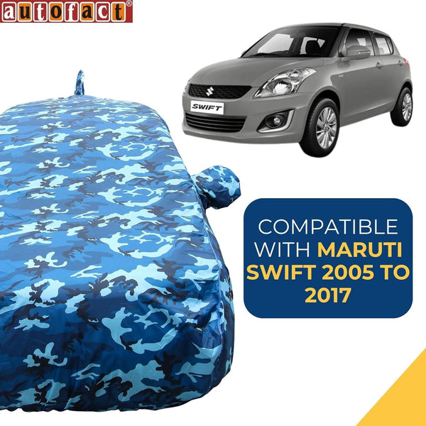 Autofact Swift Old Model Car Cover - TearTough - Dog Proof / Waterproof Car Body Cover for Maruti Swift Old Model - With Mirror & Antenna Pockets, Triple Stitched, Bottom Fully Elastic, Adjustable Belt and Buckle (Airforce Blue 4x4)