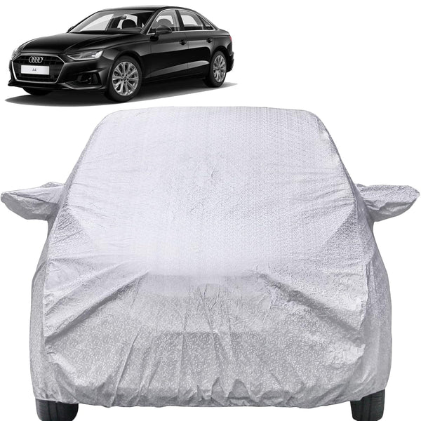 Autofact A4 Car Cover - FlexGuard - Waterproof Car Body Cover for Audi A4 - With Mirror Pockets, Triple Stitched, Bottom Fully Elastic, Adjustable Belt and Buckle (Silver)