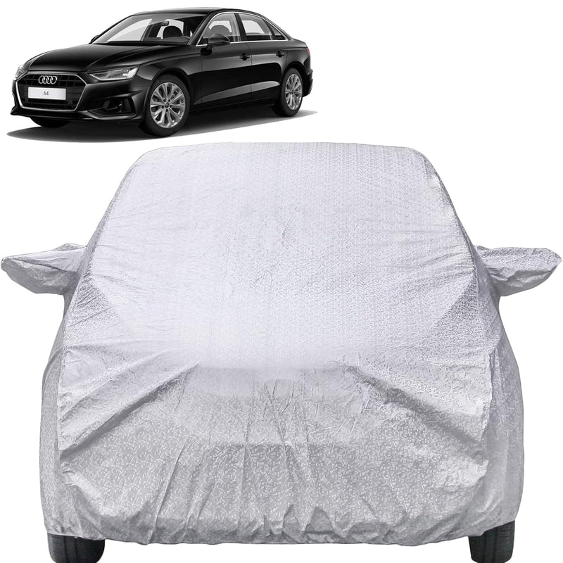 Autofact A4 Car Cover - FlexGuard - Waterproof Car Body Cover for Audi A4 - With Mirror Pockets, Triple Stitched, Bottom Fully Elastic, Adjustable Belt and Buckle (Silver)