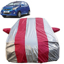 Autofact Eon Car Cover - FlexGuard - Waterproof Car Body Cover for Hyundai Eon - With Mirror Pockets, Triple Stitched, Bottom Fully Elastic, Adjustable Belt and Buckle (Silver / Pink Stripes)