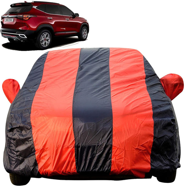 Autofact Seltos Car Cover - EasyShield - Car Body Cover for Kia Seltos - With Mirror Pockets, Triple Stitched, Bottom Fully Elastic, Adjustable Belt and Buckle (Red Blue Stripes)