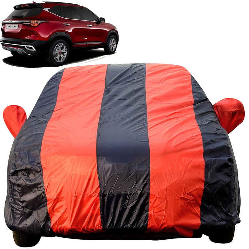 Autofact Seltos Car Cover - EasyShield - Car Body Cover for Kia Seltos - With Mirror Pockets, Triple Stitched, Bottom Fully Elastic, Adjustable Belt and Buckle (Red Blue Stripes)