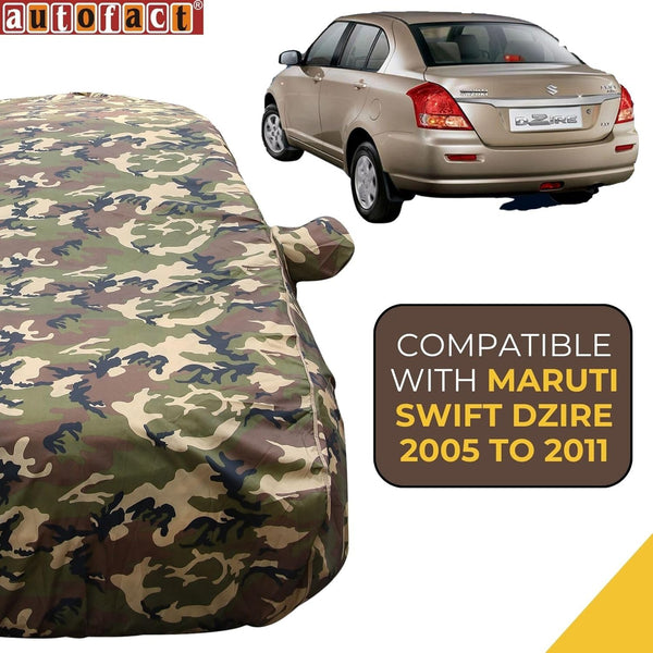 Autofact Swift Dzire Old Model Car Cover - TearTough - Dog Proof / Waterproof Car Body Cover for Maruti Swift Dzire Old Model - With Mirror Pockets, Triple Stitched, Bottom Fully Elastic, Adjustable Belt and Buckle (Jungle Print 4x4)