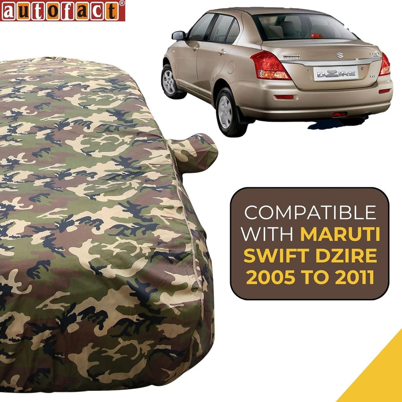 Autofact Swift Dzire Old Model Car Cover - TearTough - Dog Proof / Waterproof Car Body Cover for Maruti Swift Dzire Old Model - With Mirror Pockets, Triple Stitched, Bottom Fully Elastic, Adjustable Belt and Buckle (Jungle Print 4x4)