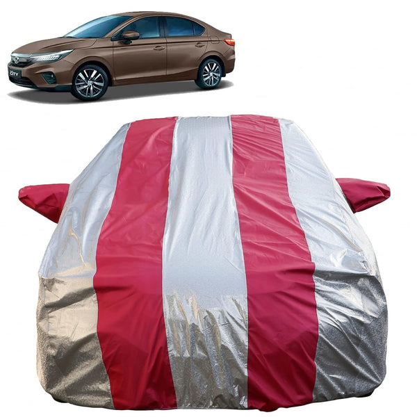 Autofact New City Car Cover - FlexGuard - Waterproof Car Body Cover for Honda New City - With Mirror Pockets, Triple Stitched, Bottom Fully Elastic, Adjustable Belt and Buckle (Silver / Pink Stripes)