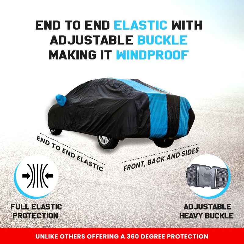 Autofact Scorpio Car Cover - EasyShield - Car Body Cover for Mahindra Scorpio - With Mirror Pockets, Triple Stitched, Bottom Fully Elastic, Adjustable Belt and Buckle (Teak Blue Stripes)