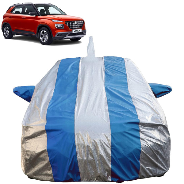 Autofact Venue Car Cover - FlexGuard - Waterproof Car Body Cover for Hyundai Venue - With Mirror & Antenna Pockets, Triple Stitched, Bottom Fully Elastic, Adjustable Belt and Buckle (Silver / Blue Stripes)