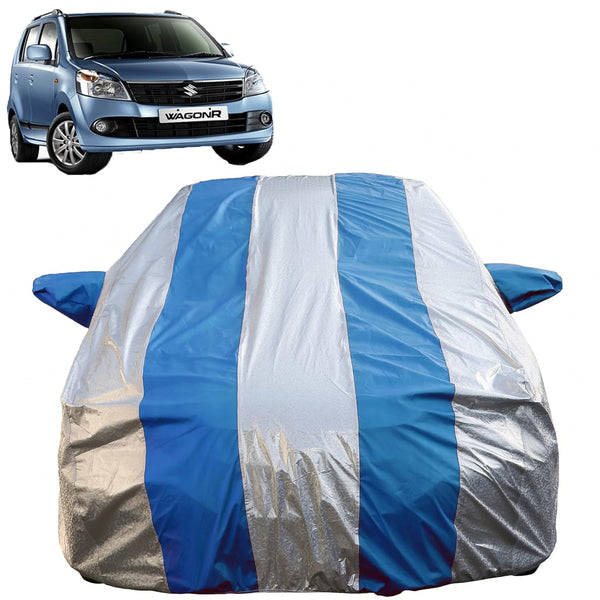 Autofact Wagon r / Wagonr Car Cover - FlexGuard - Waterproof Car Body Cover for Maruti Wagon r / Wagonr - With Mirror Pockets, Triple Stitched, Bottom Fully Elastic, Adjustable Belt and Buckle (Silver / Blue Stripes)
