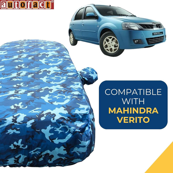 Autofact Verito Car Cover - TearTough - Dog Proof / Waterproof Car Body Cover for Mahindra Verito - With Mirror Pockets, Triple Stitched, Bottom Fully Elastic, Adjustable Belt and Buckle (Airforce Blue 4x4)