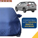 Autofact Innova Hycross Car Cover - CoreProtect - Water Resistant Car Body Cover for Toyota Innova Hycross - With Mirror Pockets, Triple Stitched, Bottom Fully Elastic, Adjustable Belt and Buckle (Navy 210D)