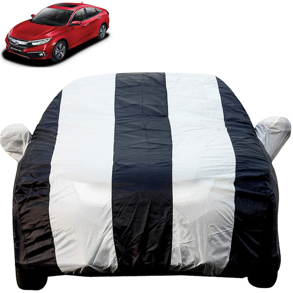 Autofact Civic New Model Car Cover - EasyShield - Car Body Cover for Honda Civic New Model - With Mirror Pockets, Triple Stitched, Bottom Fully Elastic, Adjustable Belt and Buckle (White Blue Stripes)