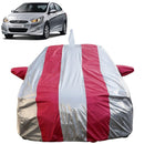 Autofact Verna Fludic Car Cover - FlexGuard - Waterproof Car Body Cover for Hyundai Verna Fludic - With Mirror & Antenna Pockets, Triple Stitched, Bottom Fully Elastic, Adjustable Belt and Buckle (Silver / Pink Stripes)