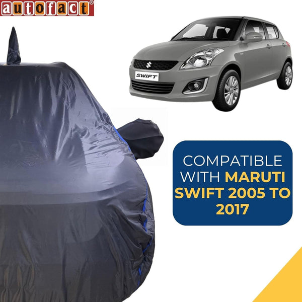 Autofact Swift Old Model Car Cover - CoreProtect - Water Resistant Car Body Cover for Maruti Swift Old Model - With Mirror & Antenna Pockets, Triple Stitched, Bottom Fully Elastic, Adjustable Belt and Buckle (Grey 210D)