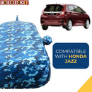 Autofact Jazz Car Cover - TearTough - Dog Proof / Waterproof Car Body Cover for Honda Jazz - With Mirror & Antenna Pockets, Triple Stitched, Bottom Fully Elastic, Adjustable Belt and Buckle (Airforce Blue 4x4)
