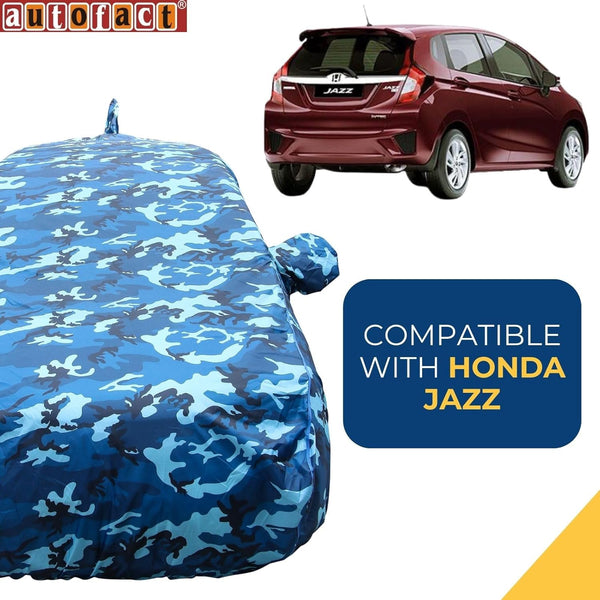 Autofact Jazz Car Cover - TearTough - Dog Proof / Waterproof Car Body Cover for Honda Jazz - With Mirror & Antenna Pockets, Triple Stitched, Bottom Fully Elastic, Adjustable Belt and Buckle (Airforce Blue 4x4)