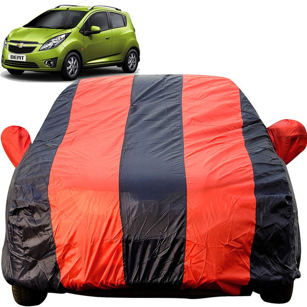 Autofact Beat Car Cover - EasyShield - Car Body Cover for Chevrolet Beat - With Mirror Pockets, Triple Stitched, Bottom Fully Elastic, Adjustable Belt and Buckle (Red Blue Stripes)