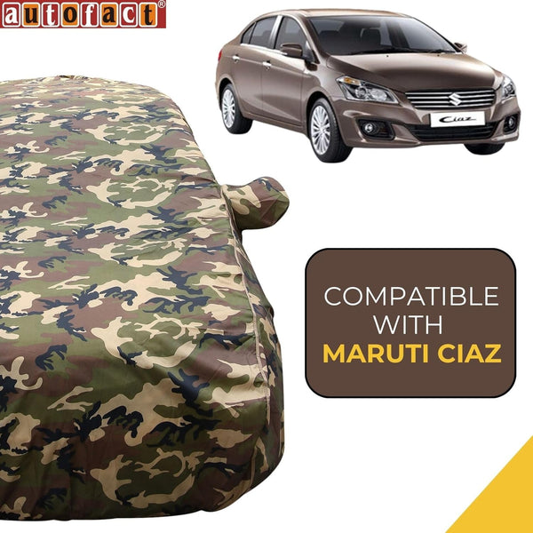 Autofact Ciaz Car Cover - TearTough - Dog Proof / Waterproof Car Body Cover for Maruti Ciaz - With Mirror Pockets, Triple Stitched, Bottom Fully Elastic, Adjustable Belt and Buckle (Jungle Print 4x4)