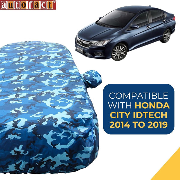 Autofact City Idtech Car Cover - TearTough - Dog Proof / Waterproof Car Body Cover for Honda City Idtech - With Mirror Pockets, Triple Stitched, Bottom Fully Elastic, Adjustable Belt and Buckle (Airforce Blue 4x4)