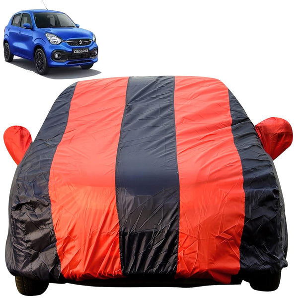 Autofact Celerio New Model Car Cover - EasyShield - Car Body Cover for Maruti Celerio New Model - With Mirror Pockets, Triple Stitched, Bottom Fully Elastic, Adjustable Belt and Buckle (Red Blue Stripes)
