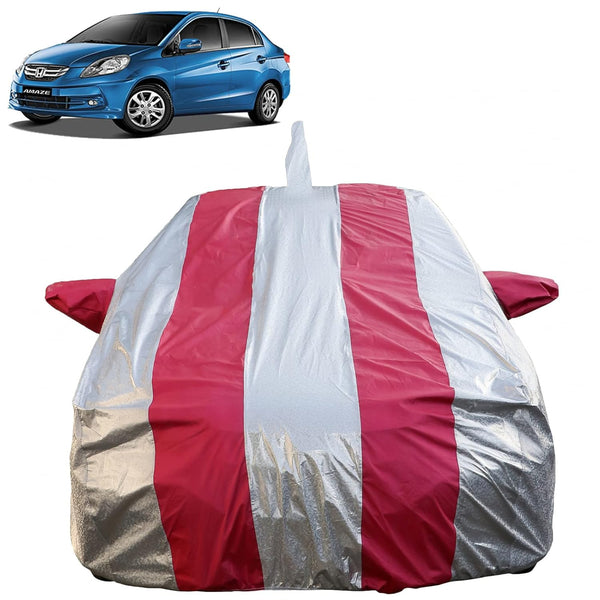 Autofact Amaze Old Model Car Cover - FlexGuard - Waterproof Car Body Cover for Honda Amaze Old Model - With Mirror & Antenna Pockets, Triple Stitched, Bottom Fully Elastic, Adjustable Belt and Buckle (Silver / Pink Stripes)