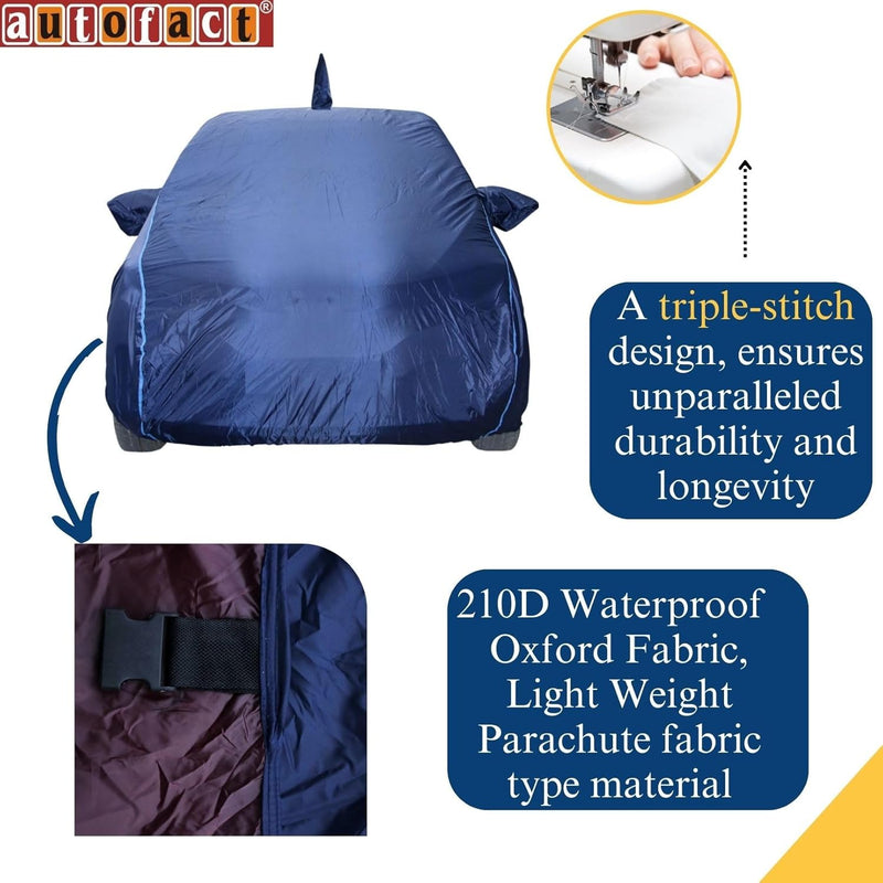 Autofact Swift Car Cover - CoreProtect - Water Resistant Car Body Cover for Maruti Swift - With Mirror & Antenna Pockets, Triple Stitched, Bottom Fully Elastic, Adjustable Belt and Buckle (Navy 210D)