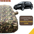 Autofact Etios Liva Car Cover - TearTough - Dog Proof / Waterproof Car Body Cover for Toyota Etios Liva - With Mirror Pockets, Triple Stitched, Bottom Fully Elastic, Adjustable Belt and Buckle (Jungle Print 4x4)