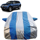 Autofact Pajero Car Cover - FlexGuard - Waterproof Car Body Cover for Mitsubishi Pajero - With Mirror Pockets, Triple Stitched, Bottom Fully Elastic, Adjustable Belt and Buckle (Silver / Blue Stripes)