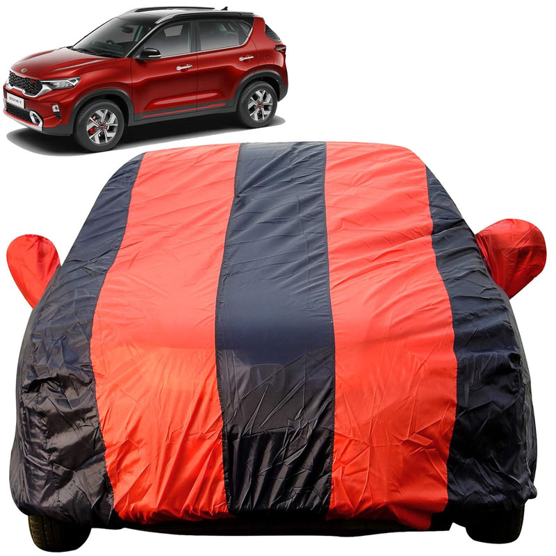 Autofact Sonet Car Cover - EasyShield - Car Body Cover for Kia Sonet - With Mirror Pockets, Triple Stitched, Bottom Fully Elastic, Adjustable Belt and Buckle (Red Blue Stripes)