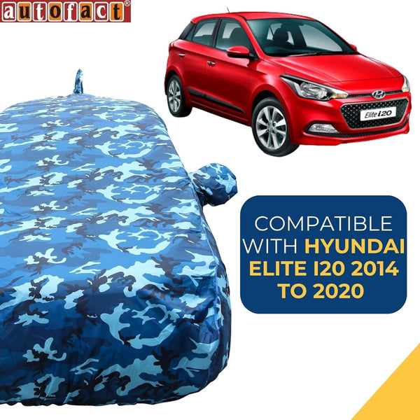 Autofact Elite I20 Car Cover - TearTough - Dog Proof / Waterproof Car Body Cover for Hyundai Elite I20 - With Mirror & Antenna Pockets, Triple Stitched, Bottom Fully Elastic, Adjustable Belt and Buckle (Airforce Blue 4x4)