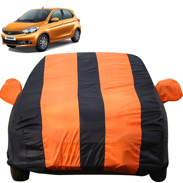 Autofact Tiago Car Cover - EasyShield - Car Body Cover for Tata Tiago - With Mirror Pockets, Triple Stitched, Bottom Fully Elastic, Adjustable Belt and Buckle (Orange Blue Stripes)
