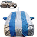 Autofact Old i20 Car Cover - FlexGuard - Waterproof Car Body Cover for Hyundai Old i20 - With Mirror & Antenna Pockets, Triple Stitched, Bottom Fully Elastic, Adjustable Belt and Buckle (Silver / Blue Stripes)