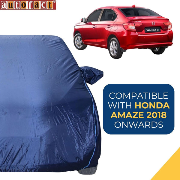 Autofact Amaze New Model Car Cover - CoreProtect - Water Resistant Car Body Cover for Honda Amaze New Model - With Mirror Pockets, Triple Stitched, Bottom Fully Elastic, Adjustable Belt and Buckle (Navy 210D)