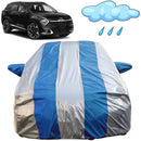 Autofact Sportage Car Cover - FlexGuard - Waterproof Car Body Cover for Kia Sportage - With Mirror Pockets, Triple Stitched, Bottom Fully Elastic, Adjustable Belt and Buckle (Silver / Blue Stripes)