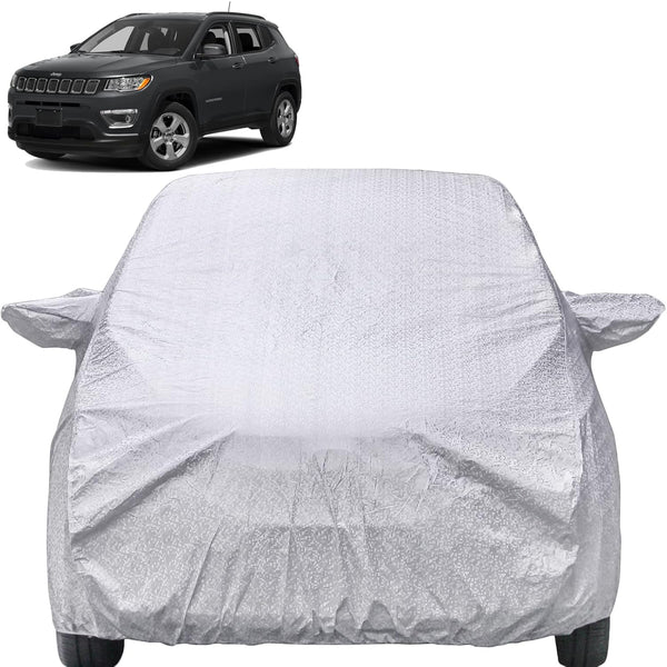 Autofact Compass Car Cover - FlexGuard - Waterproof Car Body Cover for Jeep Compass - With Mirror Pockets, Triple Stitched, Bottom Fully Elastic, Adjustable Belt and Buckle (Silver)