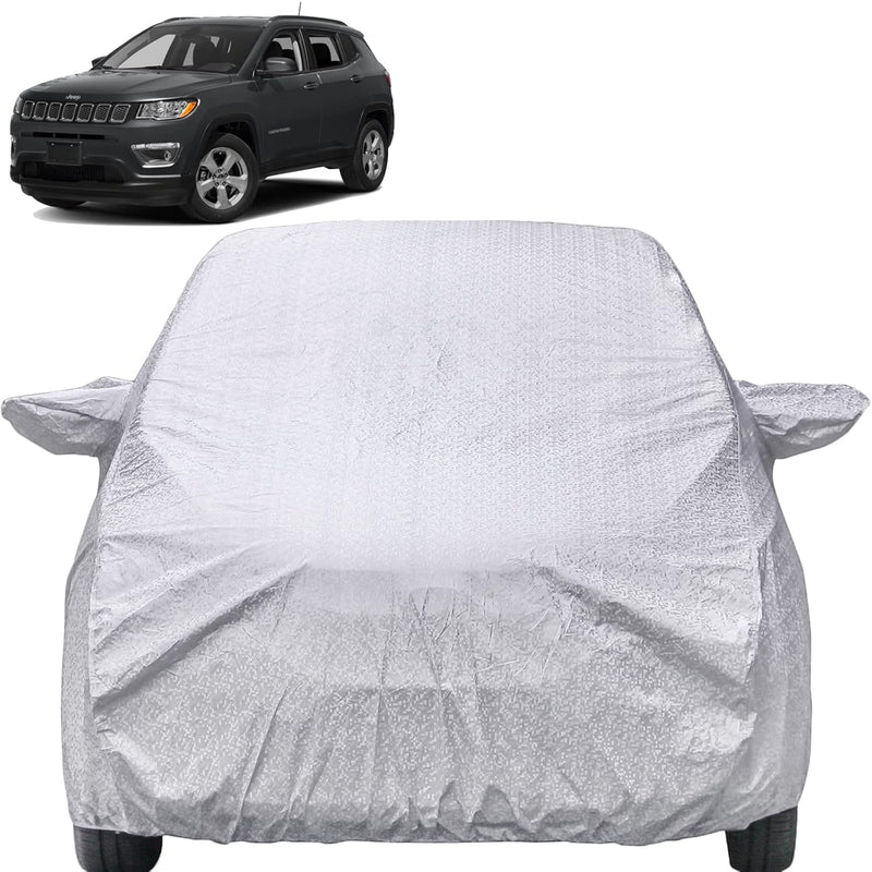 Autofact Compass Car Cover - FlexGuard - Waterproof Car Body Cover for Jeep Compass - With Mirror Pockets, Triple Stitched, Bottom Fully Elastic, Adjustable Belt and Buckle (Silver)