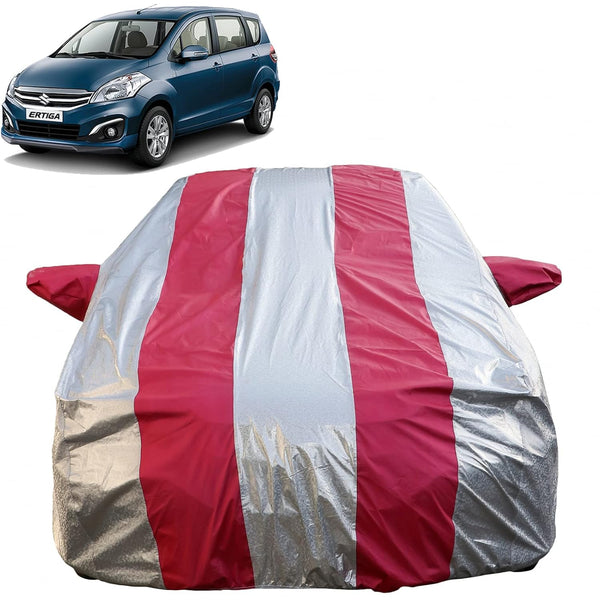 Autofact Ertiga Car Cover - FlexGuard - Waterproof Car Body Cover for Maruti Ertiga - With Mirror Pockets, Triple Stitched, Bottom Fully Elastic, Adjustable Belt and Buckle (Silver / Pink Stripes)
