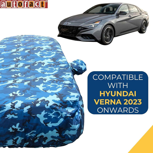 Autofact New Verna Car Cover - TearTough - Dog Proof / Waterproof Car Body Cover for Hyundai New Verna - With Mirror Pockets, Triple Stitched, Bottom Fully Elastic, Adjustable Belt and Buckle (Airforce Blue 4x4)