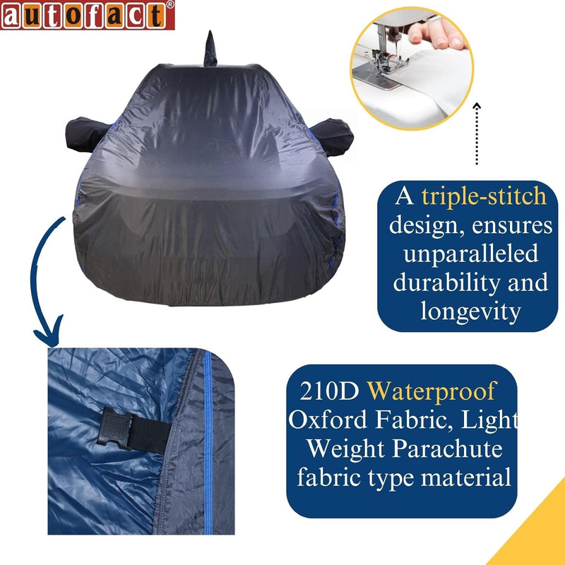 Autofact Swift Car Cover - CoreProtect - Water Resistant Car Body Cover for Maruti Swift - With Mirror & Antenna Pockets, Triple Stitched, Bottom Fully Elastic, Adjustable Belt and Buckle (Grey 210D)