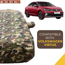 Autofact Virtus Car Cover - TearTough - Dog Proof / Waterproof Car Body Cover for Volkswagen Virtus - With Mirror Pockets, Triple Stitched, Bottom Fully Elastic, Adjustable Belt and Buckle (Jungle Print 4x4)