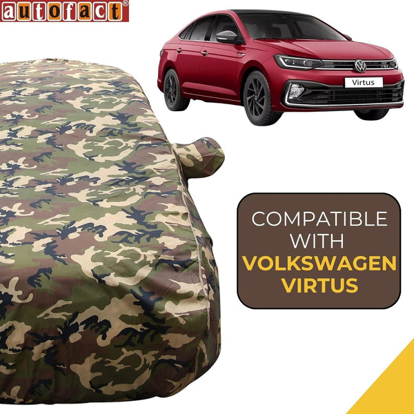 Autofact Virtus Car Cover - TearTough - Dog Proof / Waterproof Car Body Cover for Volkswagen Virtus - With Mirror Pockets, Triple Stitched, Bottom Fully Elastic, Adjustable Belt and Buckle (Jungle Print 4x4)